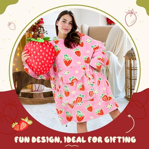 GEULAY Strawberry Blanket Hoodie for Women - Pink Wearable Blankets with Giant Pocket and Sleeves for Adults, Oversized Warm Cozy Plush Fleece Blanket Sweatshirt, Pink Birthday Gifts for Women - Image 5