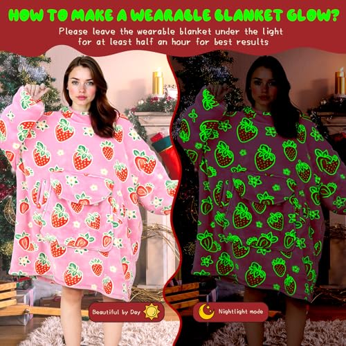GEULAY Strawberry Blanket Hoodie for Women - Pink Wearable Blankets with Giant Pocket and Sleeves for Adults, Oversized Warm Cozy Plush Fleece Blanket Sweatshirt, Pink Birthday Gifts for Women - Image 4