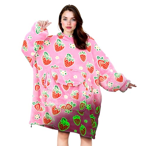 GEULAY Strawberry Blanket Hoodie for Women - Pink Wearable Blankets with Giant Pocket and Sleeves for Adults, Oversized Warm Cozy Plush Fleece Blanket Sweatshirt, Pink Birthday Gifts for Women - Image 2