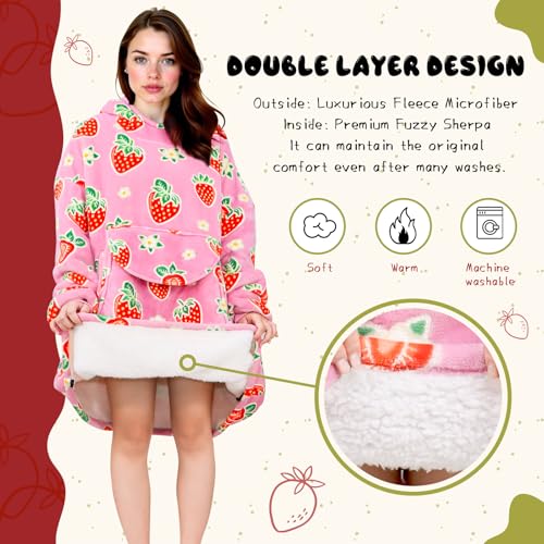 GEULAY Strawberry Blanket Hoodie for Women - Pink Wearable Blankets with Giant Pocket and Sleeves for Adults, Oversized Warm Cozy Plush Fleece Blanket Sweatshirt, Pink Birthday Gifts for Women - Image 3