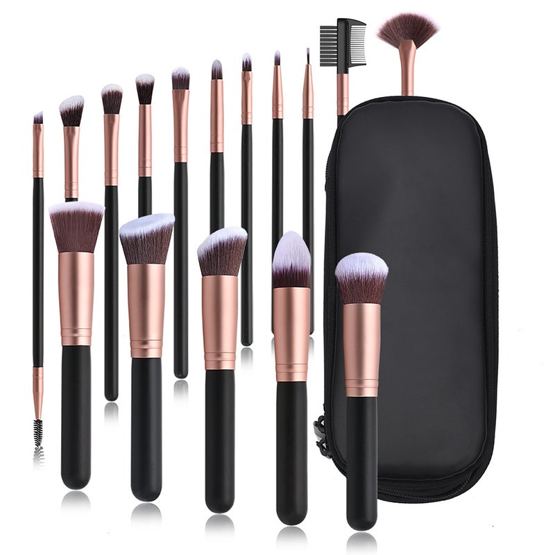 / 16 Black Makeup Brushes Without Logo Beauty Tools Foundation Brush Ready-Made Storage - Image 3