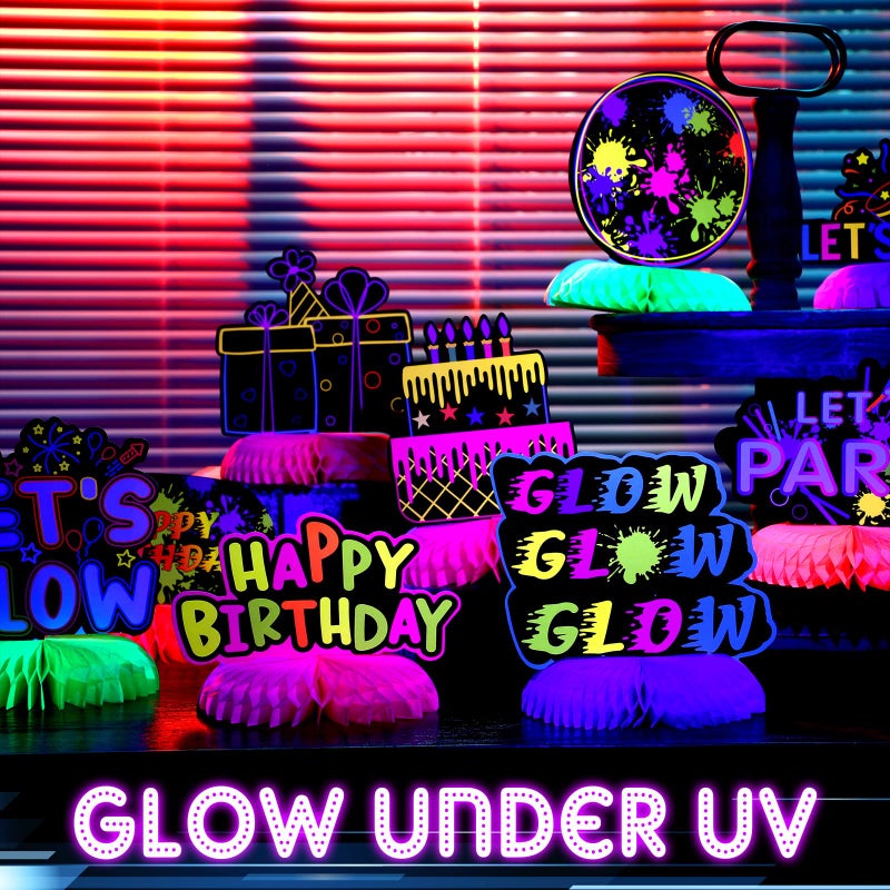 Yexiya 9 Pcs Real Glow in Dark Party Supplies, Glow Under UV Black Light Reflective Ink Printing Neon Honeycomb Birthday Decorations Neon Table Centerpieces Table Party Favor Decorations - Image 5