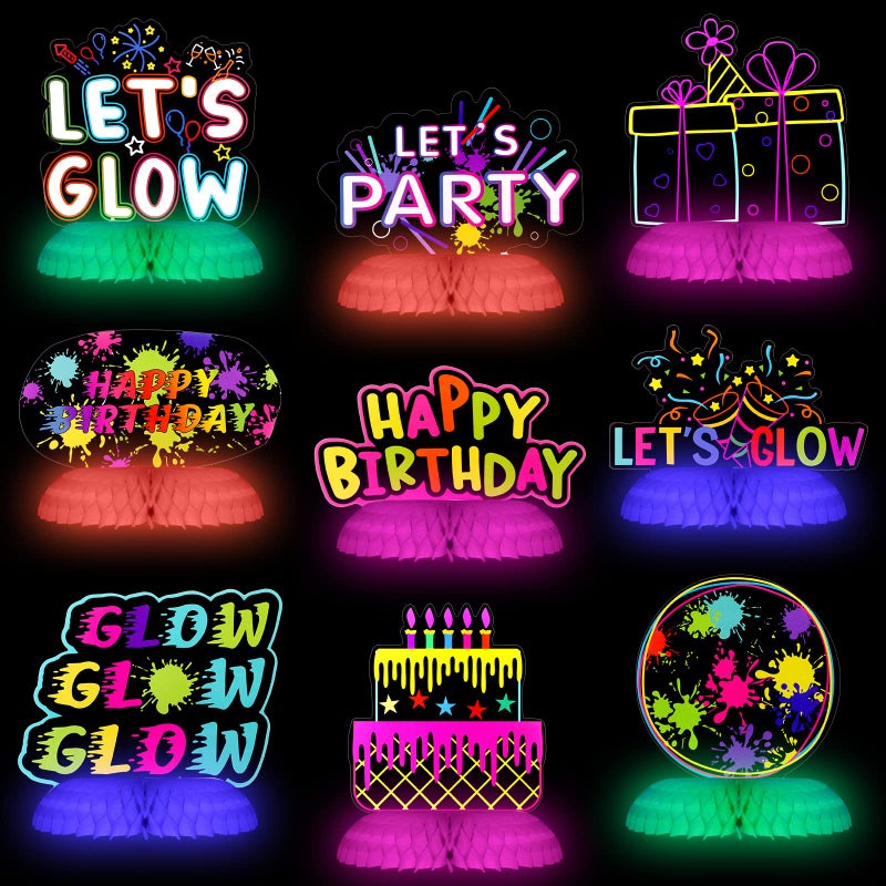 Yexiya 9 Pcs Real Glow in Dark Party Supplies, Glow Under UV Black Light Reflective Ink Printing Neon Honeycomb Birthday Decorations Neon Table Centerpieces Table Party Favor Decorations - Image 1