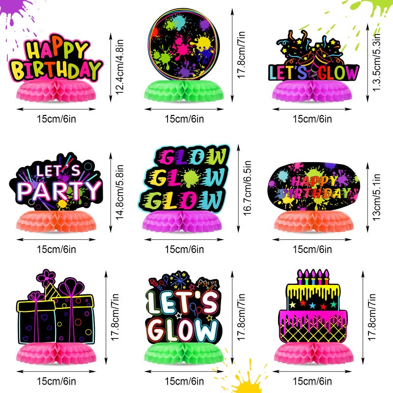 Yexiya 9 Pcs Real Glow in Dark Party Supplies, Glow Under UV Black Light Reflective Ink Printing Neon Honeycomb Birthday Decorations Neon Table Centerpieces Table Party Favor Decorations - Image 4