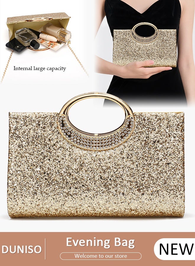 DUNISO Golden Glitter Rhinestone Purse,Clutches Purse Evening Bags Evening Clutch Purses Rhinestone Bag for Women,Women's Clutch Handbags Top-handle Shouder Bag for Wedding,Prom,Party - Image 1