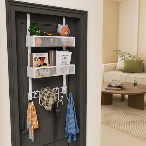 HapiRm Over The Door Organizer with Coat Hooks and 2 Baskets, Stainless Steel Rustproof Over The Door Hanger Hooks for Bathroom, Kitchen, Bedroom-White (for 1.76in Doors) - Image 2