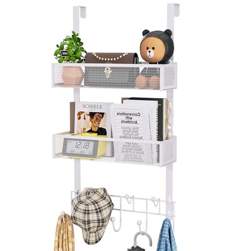 HapiRm Over The Door Organizer with Coat Hooks and 2 Baskets, Stainless Steel Rustproof Over The Door Hanger Hooks for Bathroom, Kitchen, Bedroom-White (for 1.76in Doors) - Image 1