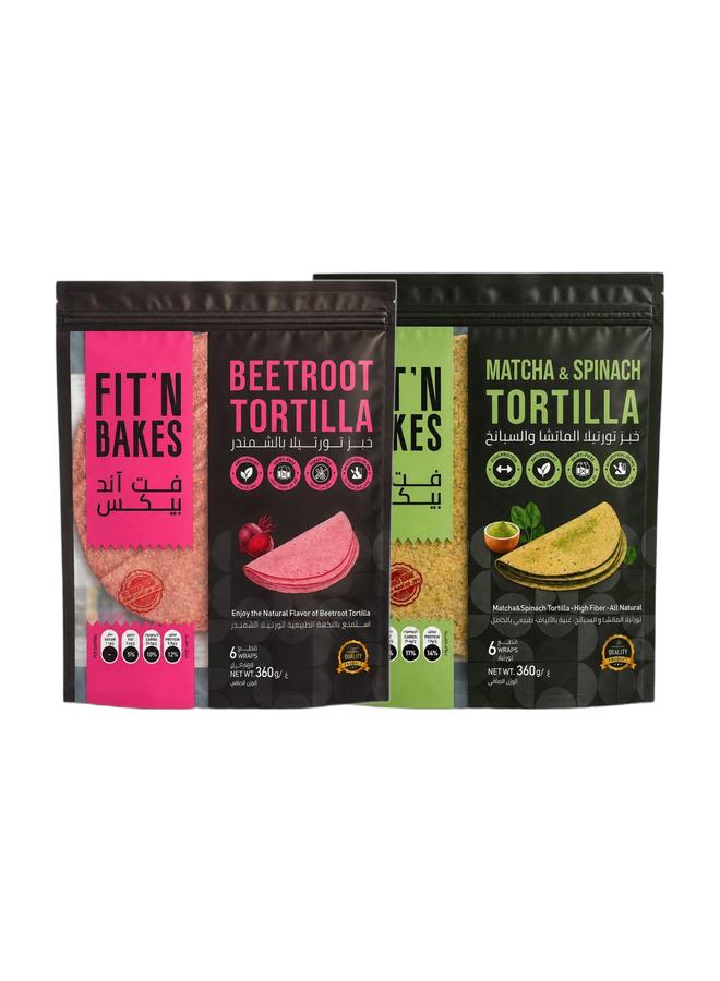 FIT 'N Bakes Beetroot Tortilla, 360g (Beetroot) & FIT 'N Bakes Matcha & Spinach Tortilla 360g (Matcha & Spinach) Bundle - Image 1
