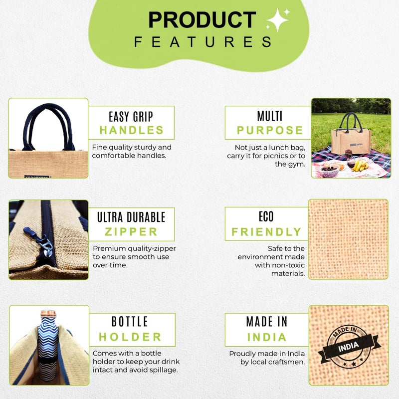 Allo Allo Insulated Jute Lunch Bag For Lunch Box For Men, Women & Kids, Water Resistant, Tiffin Bag For Office, Reusable Multipurpose Hand Bag For Shopping, Grocery With Triple Padding, 9 Litres  - Image 2