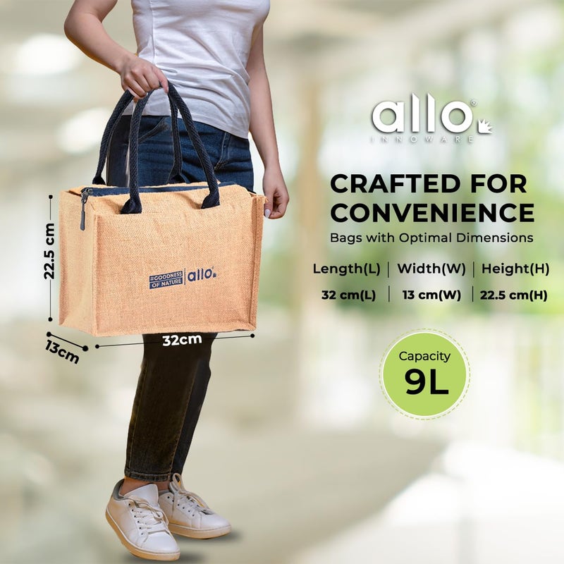 Allo Allo Insulated Jute Lunch Bag For Lunch Box For Men, Women & Kids, Water Resistant, Tiffin Bag For Office, Reusable Multipurpose Hand Bag For Shopping, Grocery With Triple Padding, 9 Litres  - Image 4