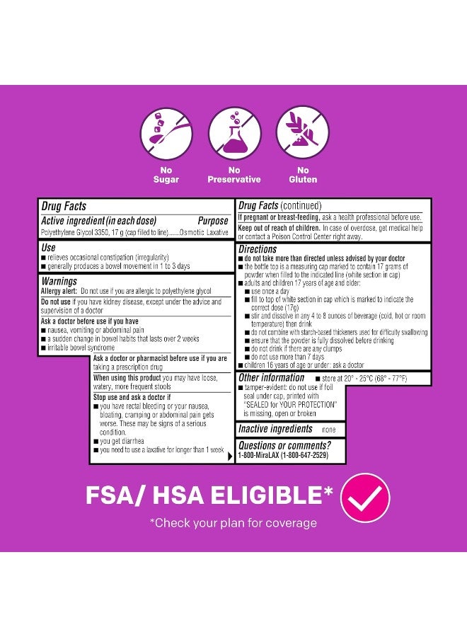 MiraLAX Gentle Constipation Relief Laxative Powder with Stirrer, Stool Softener with PEG 3350, No Harsh Side Effects, Osmotic Laxative, 1 Physician Recommended, 14 Dose - Image 5