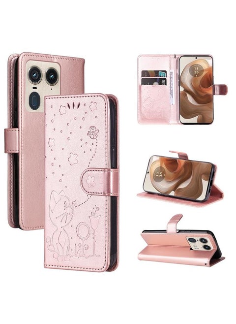 For Motorola Edge 50 Ultra Cat and Bee Embossed Flip Leather Phone Case(Rose Gold)