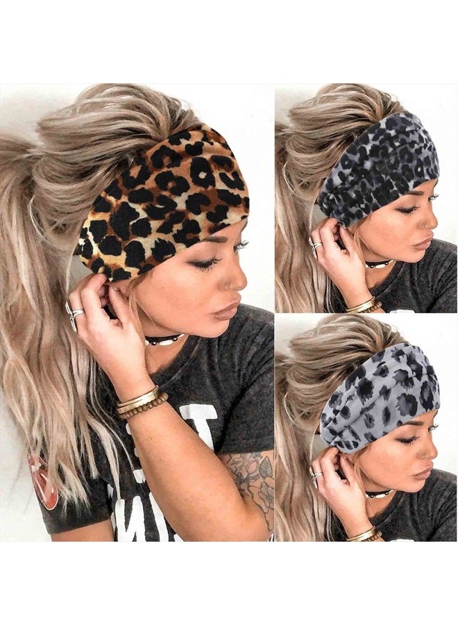 Aceorna Boho Headbands Wide Knot Hair Band Elastic Turban Head Band Stretch Leopard Twist Head Wraps Cloth Yoga Sweartband Fashion Hair Accessories for Women and Girls 3 Pcs (Set B) - Image 1
