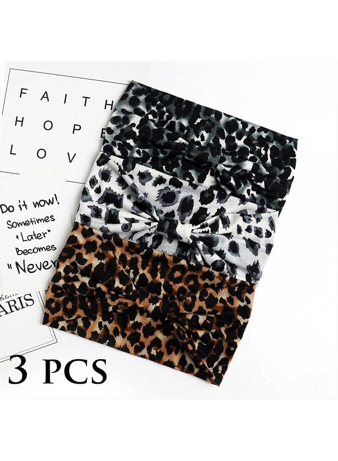 Aceorna Boho Headbands Wide Knot Hair Band Elastic Turban Head Band Stretch Leopard Twist Head Wraps Cloth Yoga Sweartband Fashion Hair Accessories for Women and Girls 3 Pcs (Set B) - Image 2