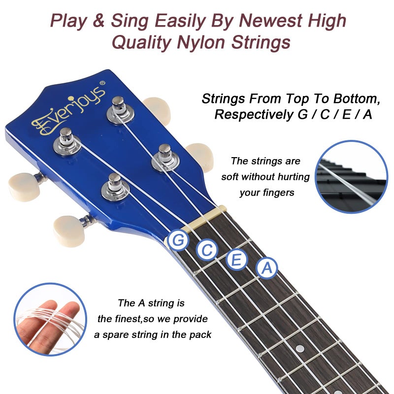 Everjoys Soprano Ukulele Beginner Kit for Adult Student w/Free Online Lesson 21 Inch Ukelele Gig Bag Strap String Tuner Pick Polishing Cloth, Rainbow Series Ukalalee - Image 3