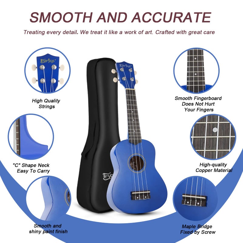 Everjoys Soprano Ukulele Beginner Kit for Adult Student w/Free Online Lesson 21 Inch Ukelele Gig Bag Strap String Tuner Pick Polishing Cloth, Rainbow Series Ukalalee - Image 2