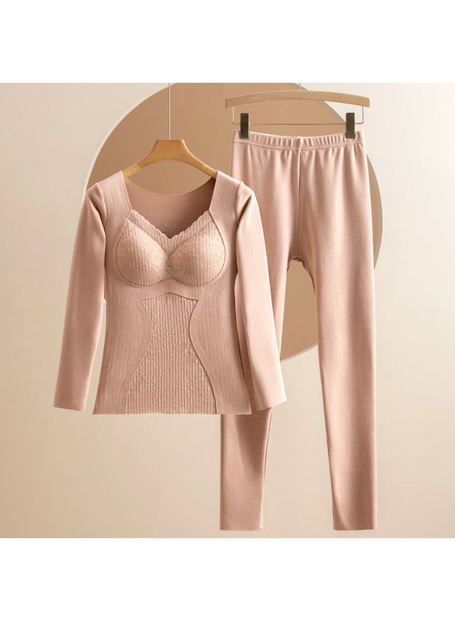 Winter Velvet Heating Thermal Underwear Women's Suit Fleece-lined Thickened Body Shaping Bottoming Shirt With Chest Pad Autumn Clothes And Pants
