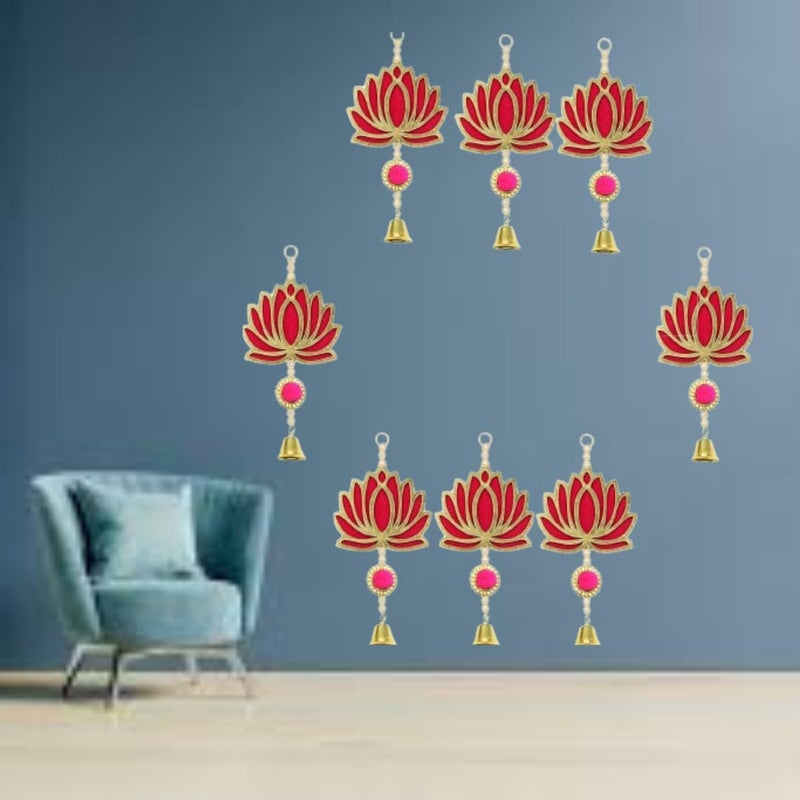 PREETENCY Pack of 8Lotus Shape Bell WallTemple Door Hanging Lotus Latkan Toran Caps8inch x 4inchMain Door Entrance Pooja Room Wedding Festival Decor for Home Decor Indian Decoration Pink Color  - Image 3