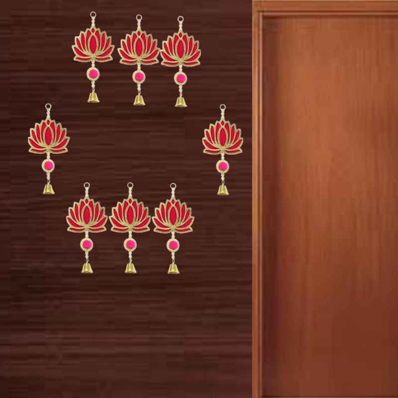 PREETENCY Pack of 8Lotus Shape Bell WallTemple Door Hanging Lotus Latkan Toran Caps8inch x 4inchMain Door Entrance Pooja Room Wedding Festival Decor for Home Decor Indian Decoration Pink Color  - Image 2