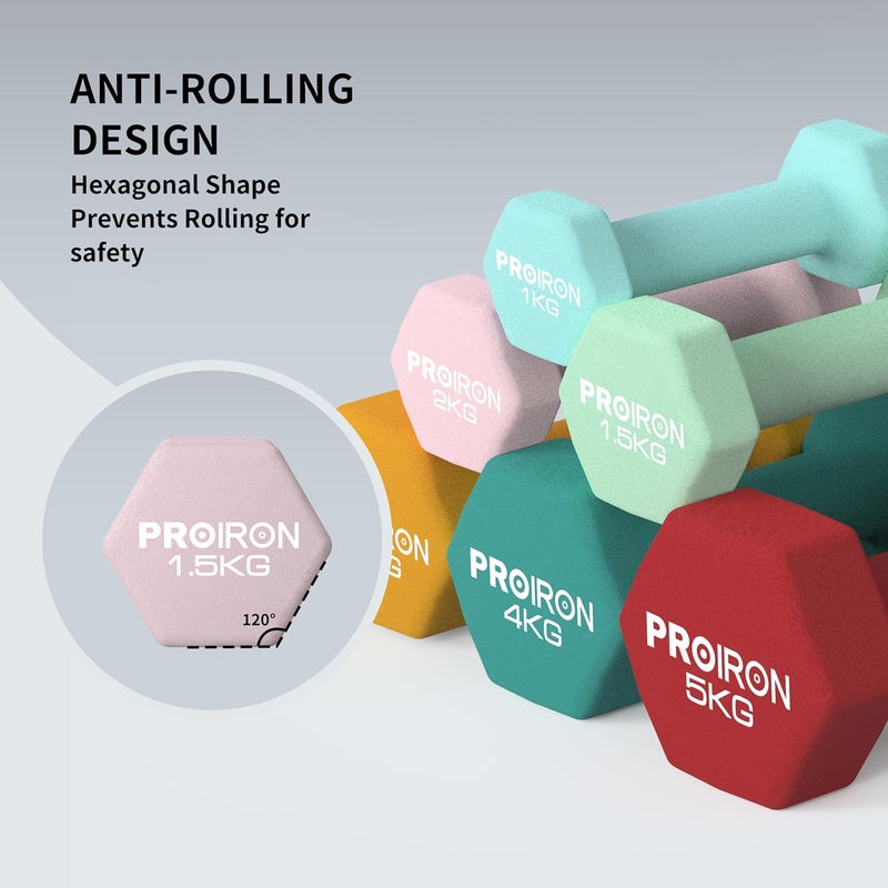 PROIRON Hex Neoprene Dumbbell Set - 2 x 1.5KG - Image 2