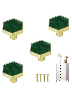 KASTWAVE Green Gems Cabinet Dresser Drawer Knobs, Modern Furniture Brushed Brass Hexagon Drawer Knobs, Dresser Knobs with Screws for Kitchen, Bathroom, Bedroom, 4Pcs  - Image 1
