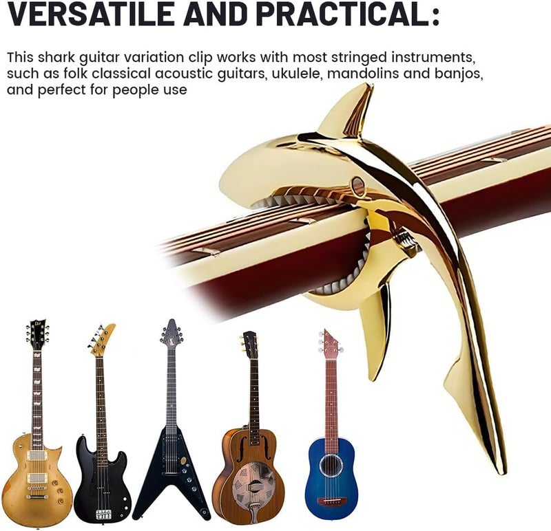 PERLMAN Shark Guitar Capo, Zinc Alloy Quick-Change Capo for Acoustic, Electric, Ukulele, Mandolin, and Banjo with Strong Grip, No Fret Buzz, Picks and Pouch In - Image 3
