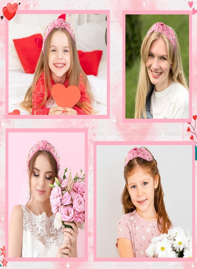 PANTIDE Valentine's Day Pearl Jeweled Knotted Headband - Heart Rhinestone Crystal Pearl Embellished Headband Wide Top Knot Fashion Hairband Accessories Birthday Gift for Lover Women Girls (Pink) - Image 5