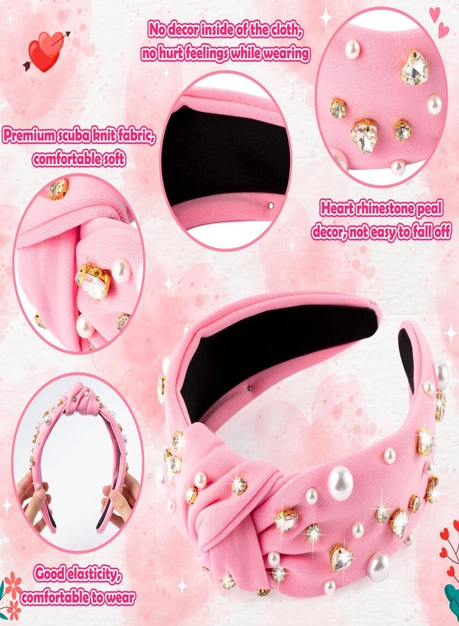 PANTIDE Valentine's Day Pearl Jeweled Knotted Headband - Heart Rhinestone Crystal Pearl Embellished Headband Wide Top Knot Fashion Hairband Accessories Birthday Gift for Lover Women Girls (Pink) - Image 3