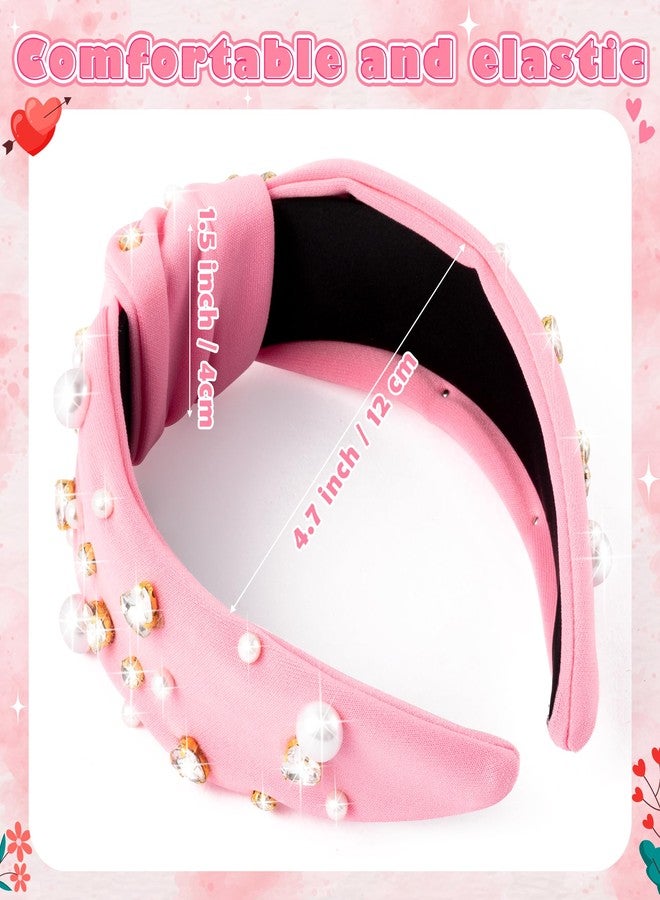 PANTIDE Valentine's Day Pearl Jeweled Knotted Headband - Heart Rhinestone Crystal Pearl Embellished Headband Wide Top Knot Fashion Hairband Accessories Birthday Gift for Lover Women Girls (Pink) - Image 2