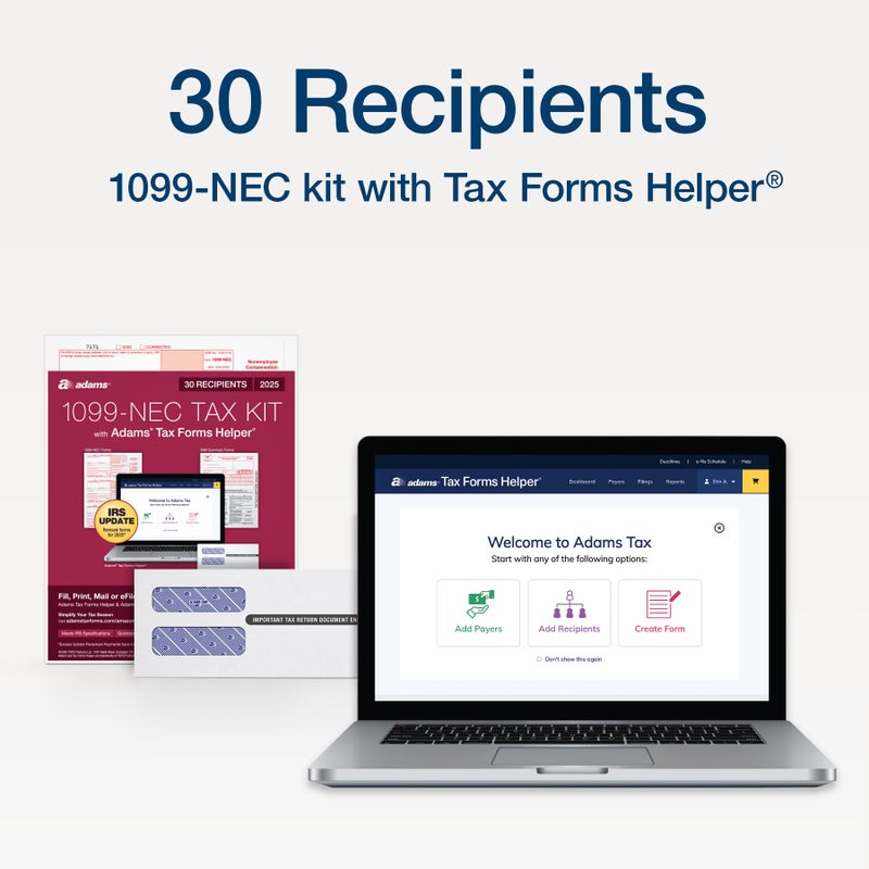Adams 1099 NEC Forms 2025, 3-Part Kit for 30 Recipients, Includes 30 Envelopes, 3 1096 Forms, QuickBooks Compatible, eFile Access and Printing Through Adams Tax Forms Helper Software (1017230) - Image 2