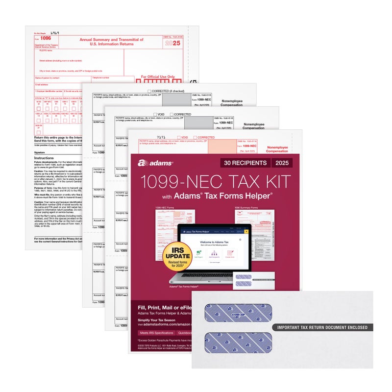 Adams 1099 NEC Forms 2025, 3-Part Kit for 30 Recipients, Includes 30 Envelopes, 3 1096 Forms, QuickBooks Compatible, eFile Access and Printing Through Adams Tax Forms Helper Software (1017230) - Image 1