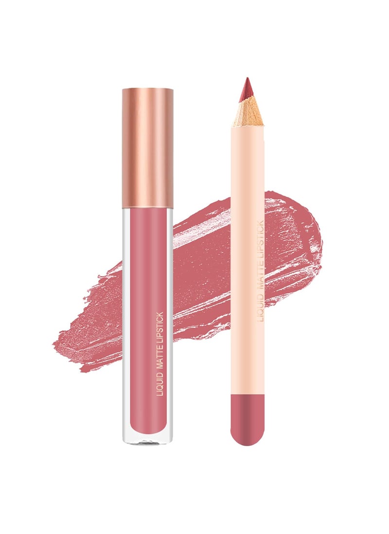 Easilydays - 2Pcs Matte Nude Lip Liner Pencil and Lip Stick Set12 Colors Crayon Matte Longwear Lip Pencil 24h Velvety Red Lips and Lip Liners Make Up Lip Contouring Pencil Waterproof Long Lasting Nude Lipgloss Lip Stain Kit with Lip Liner for Women 05 - Image 1