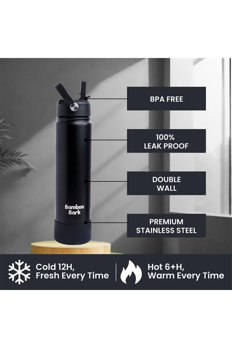 Bamboo Bark Bamboo Bark 750 ML Insulated Water Bottle with Sipper Lid – Stainless Steel Double Wall Vacuum Flask for Hot & Cold Water Leak-Proof, Reusable Sports Thermos Bottle - (Black)
