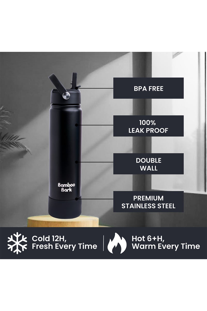 Bamboo Bark 750 ML Insulated Water Bottle with Sipper Lid – Stainless Steel Double Wall Vacuum Flask for Hot & Cold Water Leak-Proof, Reusable Sports Thermos Bottle - (Black) - Image 2