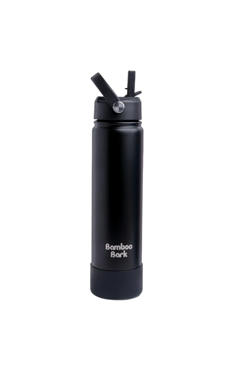 Bamboo Bark Bamboo Bark 750 ML Insulated Water Bottle with Sipper Lid – Stainless Steel Double Wall Vacuum Flask for Hot & Cold Water Leak-Proof, Reusable Sports Thermos Bottle - (Black)