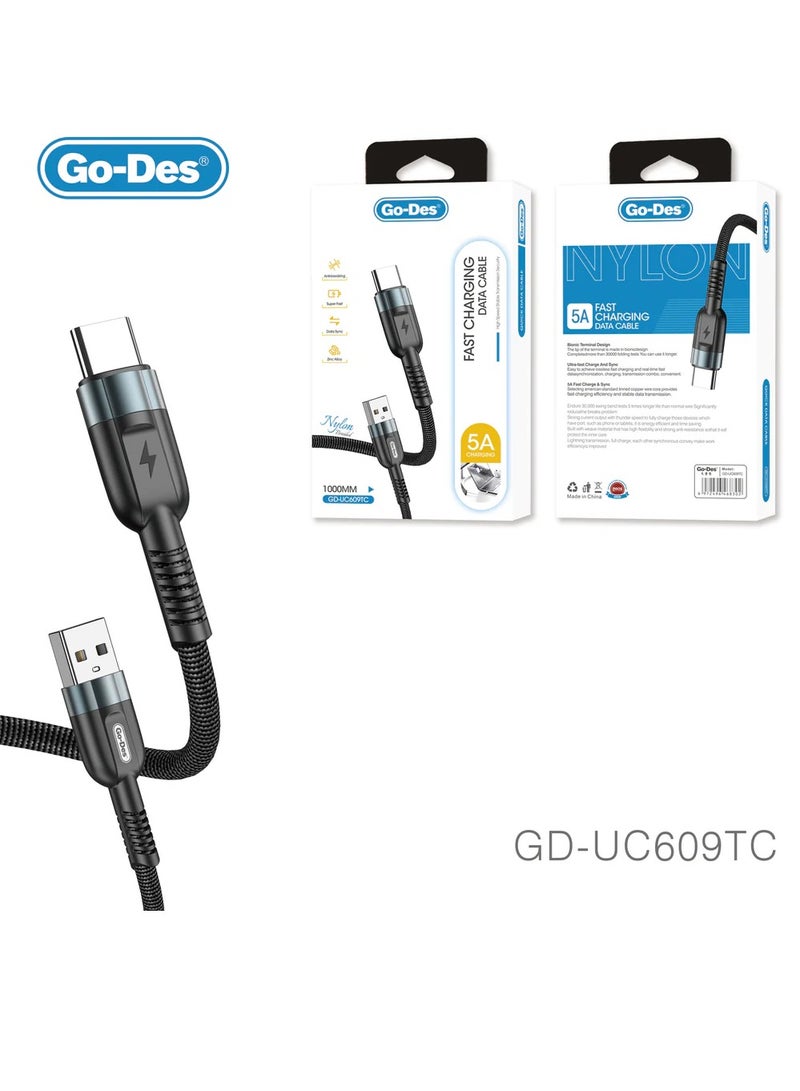 جو-ديز Go-Des كابل USB من سبائك الألومنيوم المضفر من النايلون من النوع C إلى Lightning بقدرة 60 وات أسود GD-UC609TC-TC