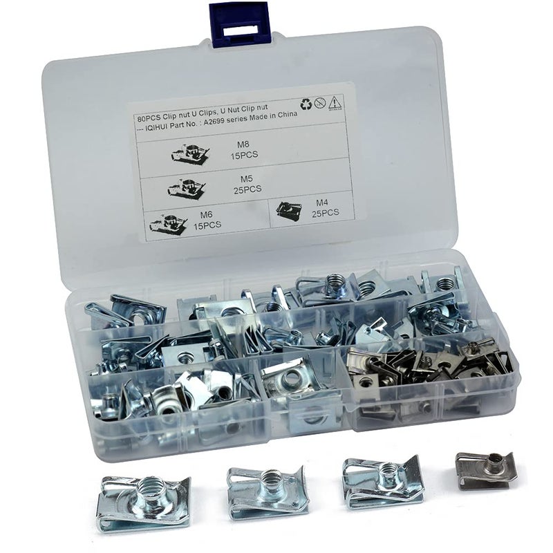 ASNOMY ASNOMY 80 pieces thread clip nut set, U-type sheet nuts, M4 M5 M6 M8 snap nut set, stainless steel hose clamps set with storage box, flat angle nut, mounting assortment assortment - Image 1