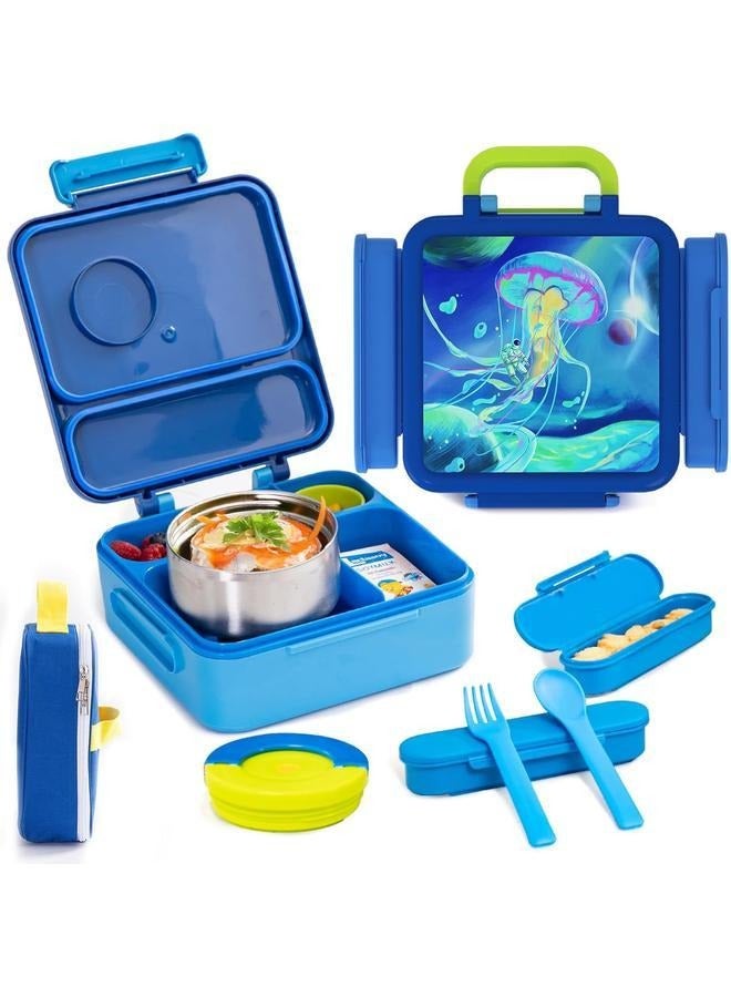 Bento box, insulated lunch box with hot water bottle, sealed lunch box with hot food bottle, sealed lunch box with cutlery and snack box, 4 section lunch box for school, office and outdoors (blue) - Image 1