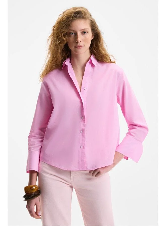 GRIMELANGE VARAZDIN Women's Oversized Long Sleeve 100% Cotton Shirt with Long Thin Pink Collar.