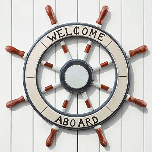 Adeco 24" Wooden Boat Anchor with Crossbar, Steering Wheel, Décor Home Wall Decor, Ship, White, Black, Brown (OS0003) - Image 1