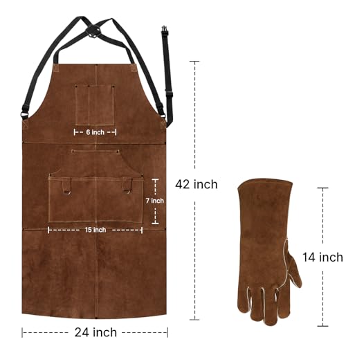 eletecpro Heavy Duty Leather Welding Apron Genuine Cowhide Flame & Heat Resistant Adjustable 42Lx24W with 6 Tool Pockets and Gloves for Mechanic, BBQ, Woodworking, Gardening, Men & Women Gift, Brown - Image 2