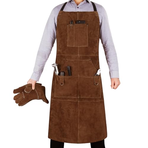 eletecpro Heavy Duty Leather Welding Apron Genuine Cowhide Flame & Heat Resistant Adjustable 42Lx24W with 6 Tool Pockets and Gloves for Mechanic, BBQ, Woodworking, Gardening, Men & Women Gift, Brown - Image 5