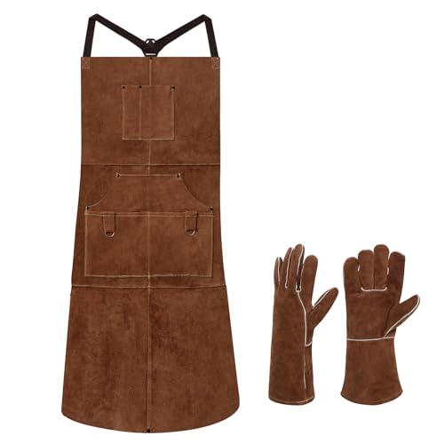eletecpro Heavy Duty Leather Welding Apron Genuine Cowhide Flame & Heat Resistant Adjustable 42Lx24W with 6 Tool Pockets and Gloves for Mechanic, BBQ, Woodworking, Gardening, Men & Women Gift, Brown - Image 1
