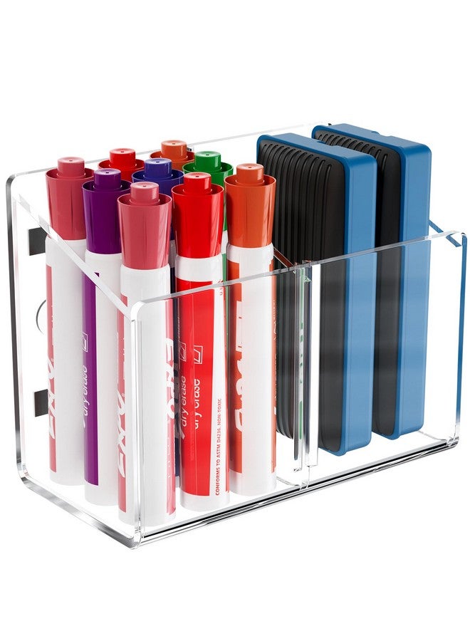 MaxGear Magnetic Dry Erase Marker Holder, Acrylic Magnetic Pen Holder For Fridge Accessories, Magnet Marker Holder For Whiteboard, Wall, Locker Organizer, 2 Compartments Magnetic Pencil Cup, Clear - Image 1