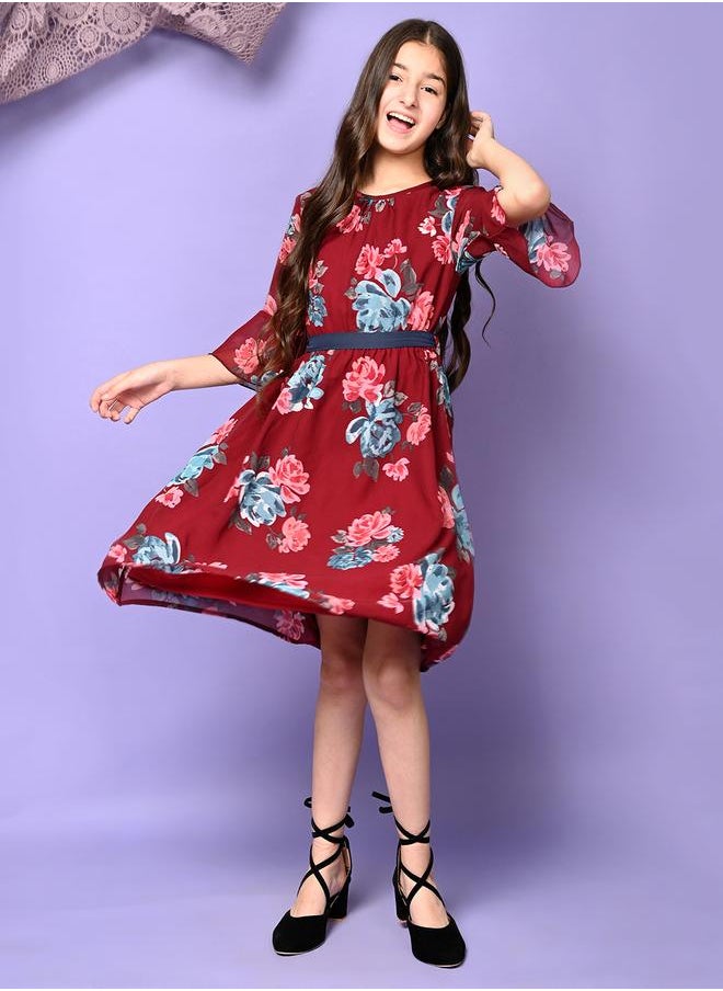 LILPICKS Floral Printed Belted Fit n Flare Dress  - Image 4