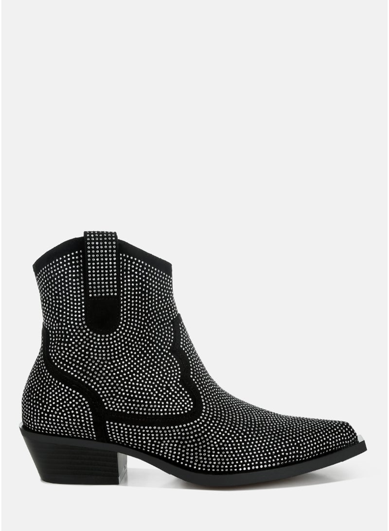 London Rag Rhinestones Embellished Cowboy Boots in Black - Image 1
