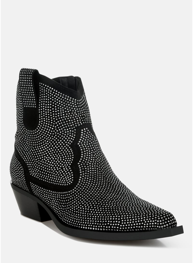 London Rag Rhinestones Embellished Cowboy Boots in Black - Image 2