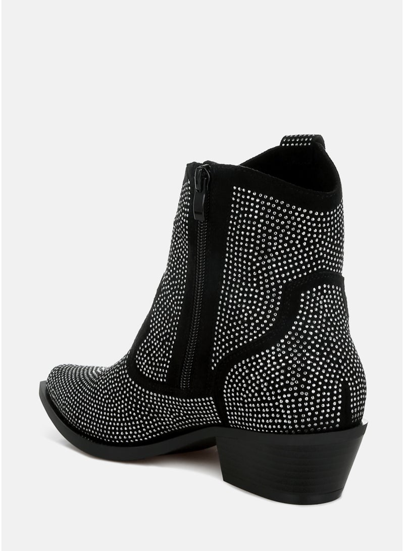 London Rag Rhinestones Embellished Cowboy Boots in Black - Image 3
