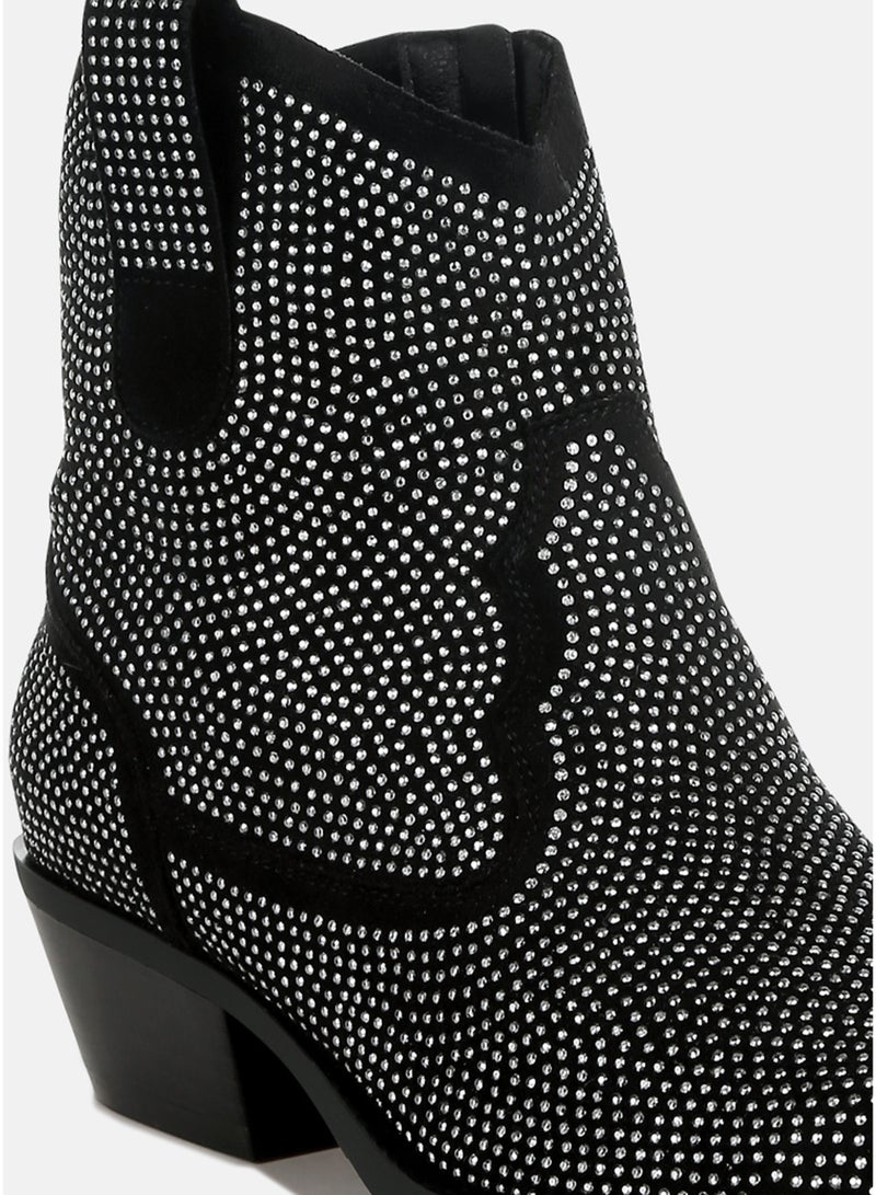 London Rag Rhinestones Embellished Cowboy Boots in Black - Image 4