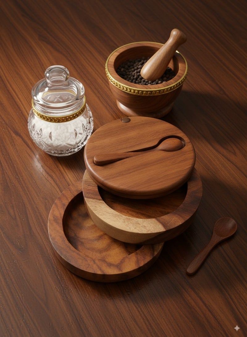 كذا هوم كاسا هوم علبة بهارات خشب سرسوع بصناعة يدوية غطاء دوّار مع فتحة ملعقة حافظ متبلات ريفي مصر - Image 1